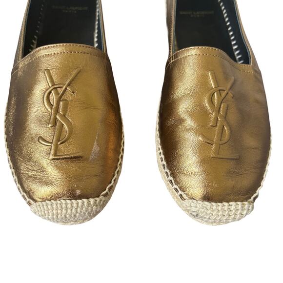 Saint Laurent Logo Embossed Espadrille Flats Gold Bronze Leather YSL Size 37.5 - Picture 3 of 11